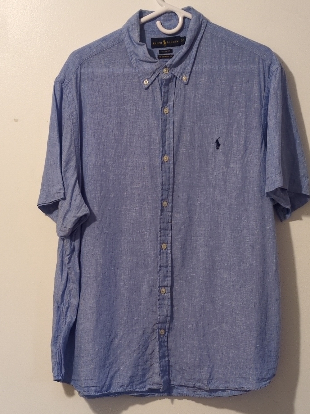 Polo Ralph Lauren Untucked Fit Mens XL 100% Linen Blue SS Button-Down Logo